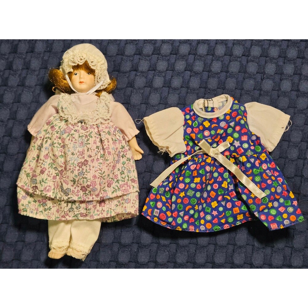 Vintage Taiwan Porcelain Doll 7.5" Floral Dress Bonnet Extra Dress Outfit